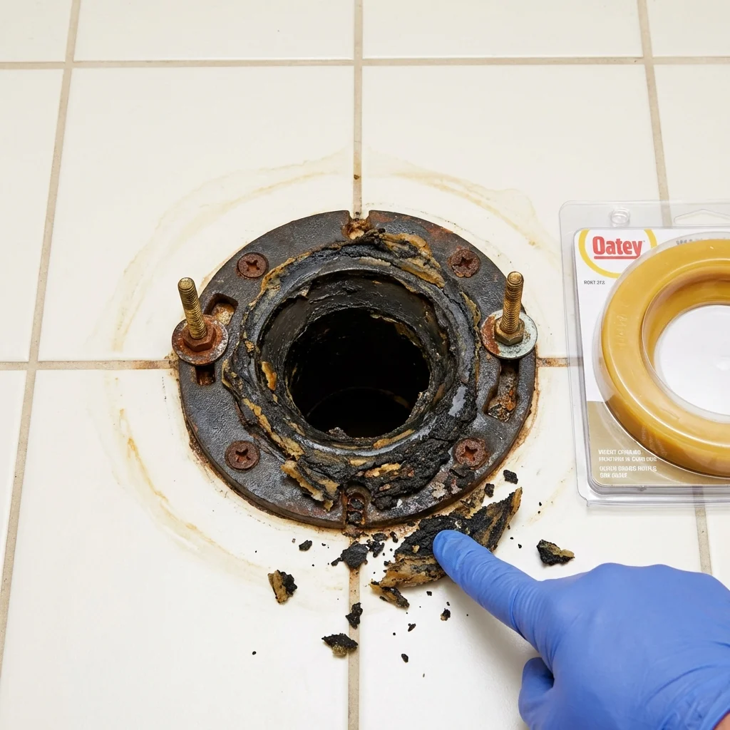 Failed wax ring showing water seepage at the base of a toilet in a Mansfield, LA home