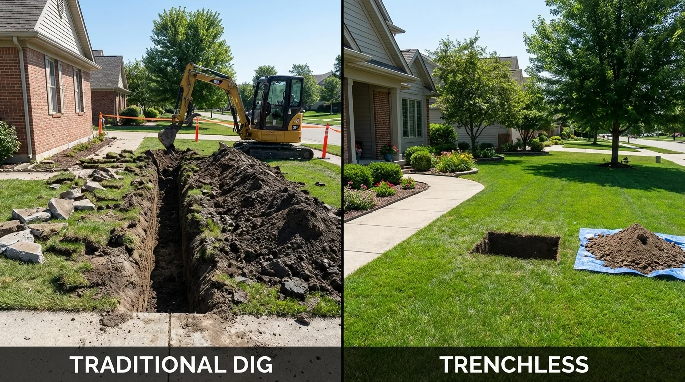 Trenchless sewer repair with minimal yard damage versus traditional excavation in Mansfield, LA