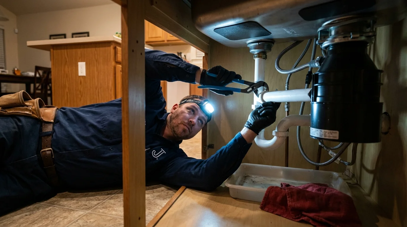 P-trap and supply line connections under a kitchen sink showing a common leak point in Mansfield, LA